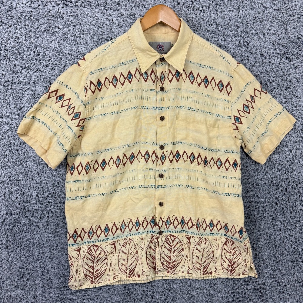 The Territory Ahead Shirt Mens Medium Yellow Linen Tribal Geometric Button Up